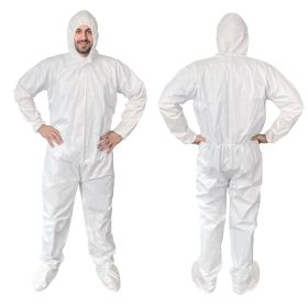 White Hazmat Suits, X-Large. Pack of 5 Waterproof MPP Disposable Coveralls with Hood, Boots, Elastic Wrists