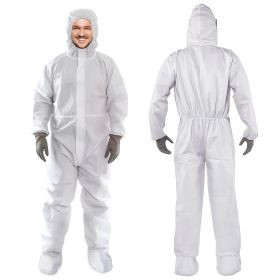 White Hazmat Suits, Large. Pack of 5 Lightweight Microporous Disposable Coveralls with Hood, Boots, Elastic Wrist, Lower Back