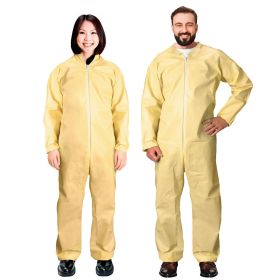 Yellow Disposable Coveralls for Men and Women, 3X-Large. Pack of 25 PP+PE Hazmat Suits with Cut Wrists