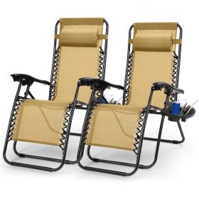2Packs Zero Gravity Lounge Chair With Dual Side Tray Stress Relief Pillow 330lbs Max Load Per Chair Foldable For Patio Poolside Beach Fedex Shipp (Color: Beige)